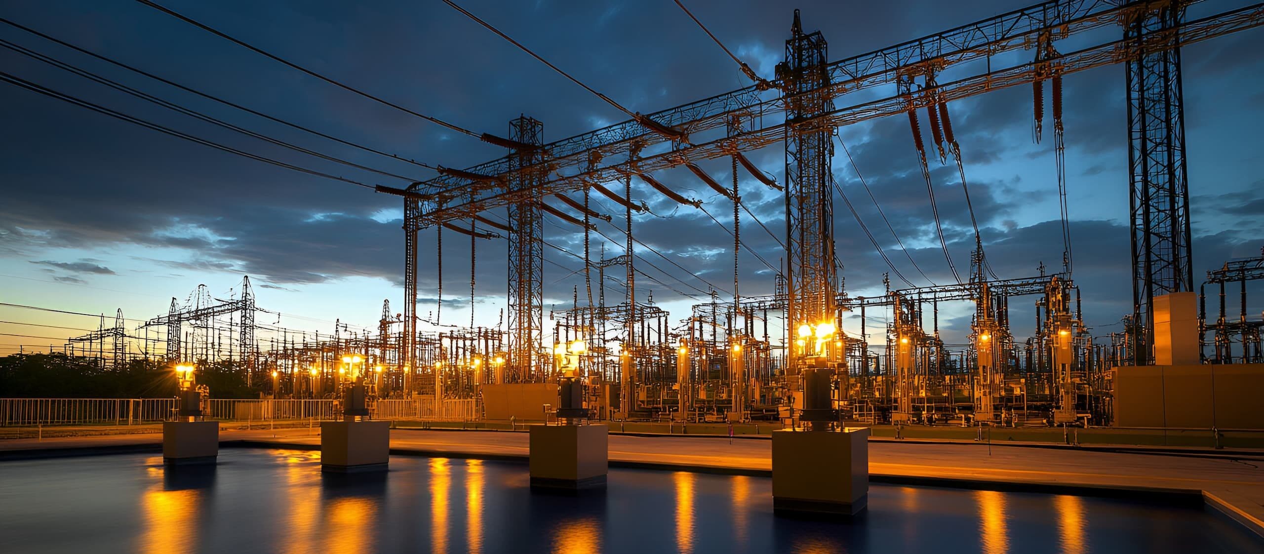 A high-voltage electrical substation at dusk, illuminated by bright yellow lights. The towering steel structures and intricate web of power lines contrast against the deep blue evening sky.
